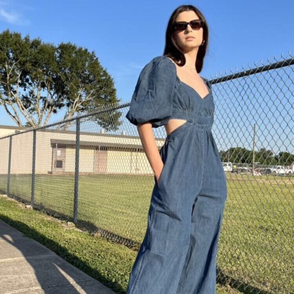 Free People Amy denim wide leg jumpsuit XS - Picture 4 of 16